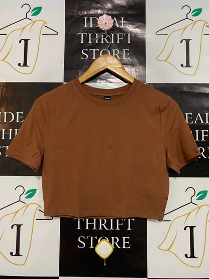 SHEIN |L| BUST 17| A23| BROWN CREW NECK SHORT-SLEEVE CROP TOP | BASIC CASUAL T-SHIRT