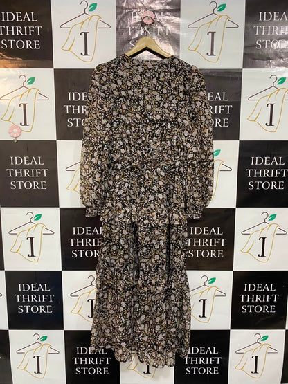 DOROTHY PERKINS |M| BUST 17| A23| BLACK AND MULTICOLOR FLORAL V-NECK TIERED MIDI DRESS | LONG-SLEEVE RUFFLE DRESS