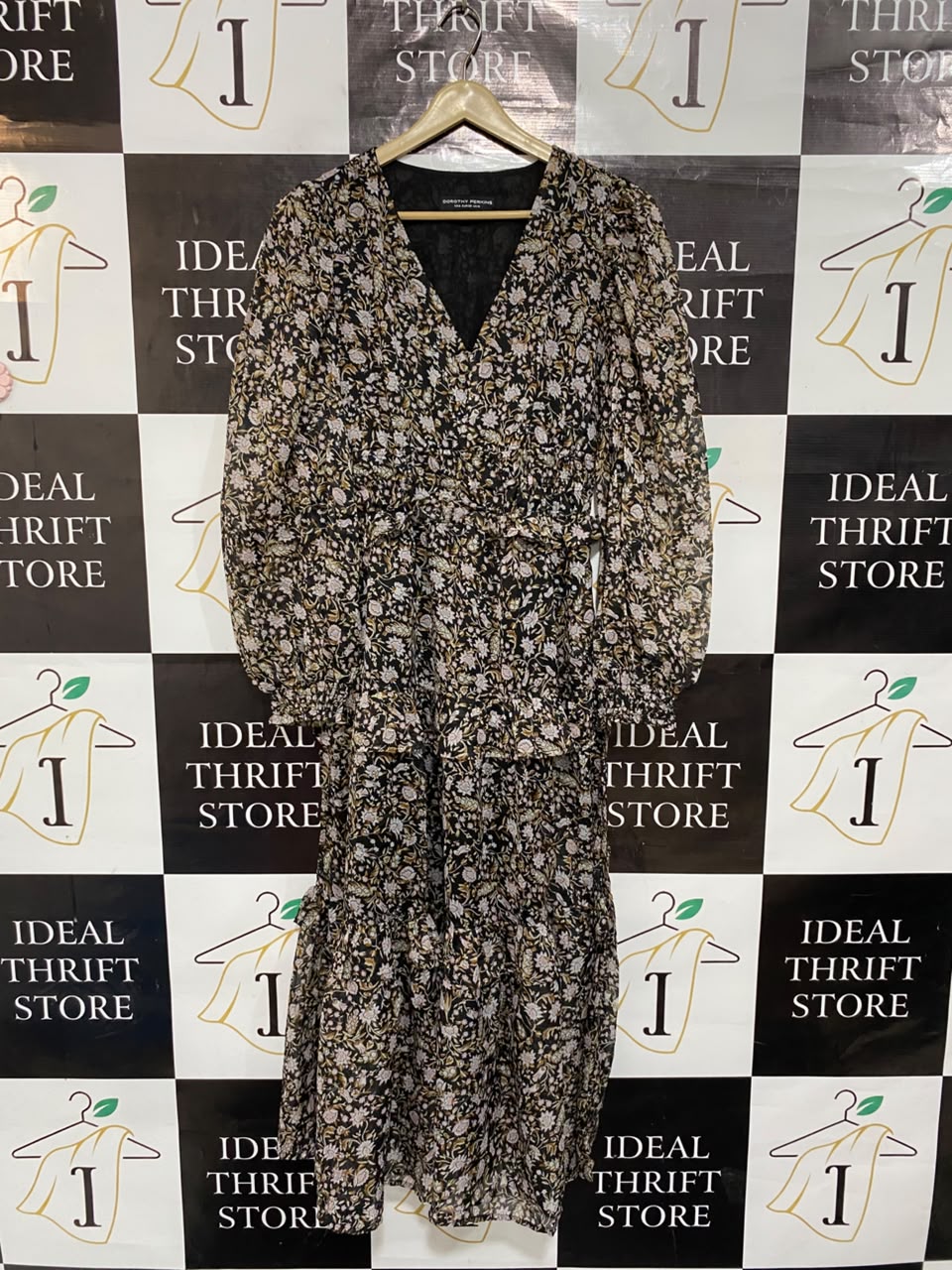 DOROTHY PERKINS |M| BUST 17| A23| BLACK AND MULTICOLOR FLORAL V-NECK TIERED MIDI DRESS | LONG-SLEEVE RUFFLE DRESS