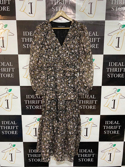 DOROTHY PERKINS |M| BUST 17| A23| BLACK AND MULTICOLOR FLORAL V-NECK TIERED MIDI DRESS | LONG-SLEEVE RUFFLE DRESS