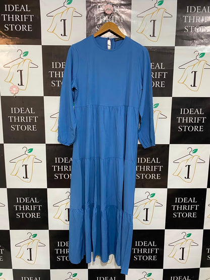 ZAN ZEA |L| BUST 19| A23| BLUE CREW NECK TIERED MAXI DRESS | LONG-SLEEVE CASUAL LONG DRESS