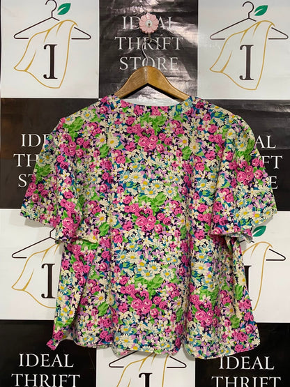 TU WOMAN |XL| BUST 25| A23| MULTICOLOR FLORAL V-NECK SHORT-SLEEVE BLOUSE | VIBRANT CASUAL SUMMER TOP