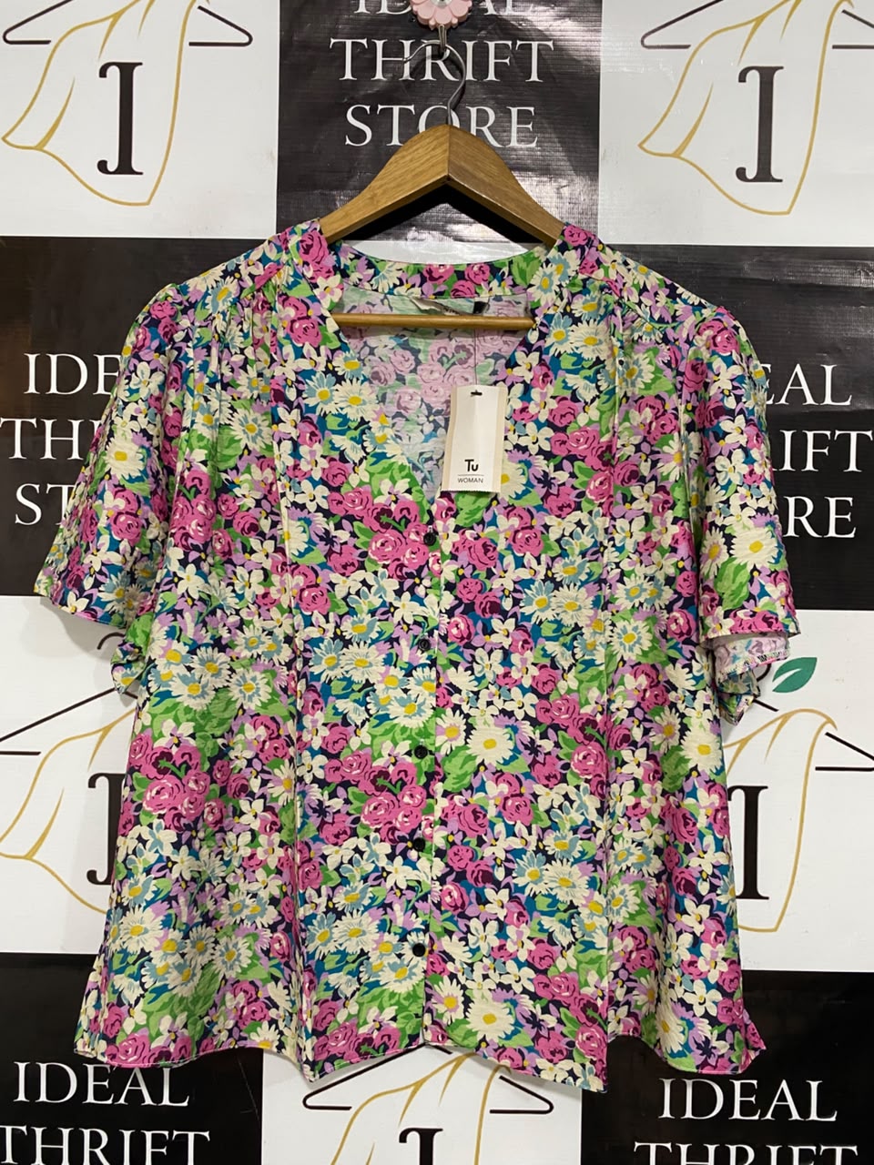 TU WOMAN |XL| BUST 25| A23| MULTICOLOR FLORAL V-NECK SHORT-SLEEVE BLOUSE | VIBRANT CASUAL SUMMER TOP