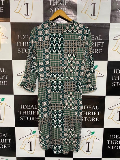 APRICOT |L| BUST 20| A23| GREEN AND BROWN GEOMETRIC PATTERNED TIE-WAIST SHIRT DRESS