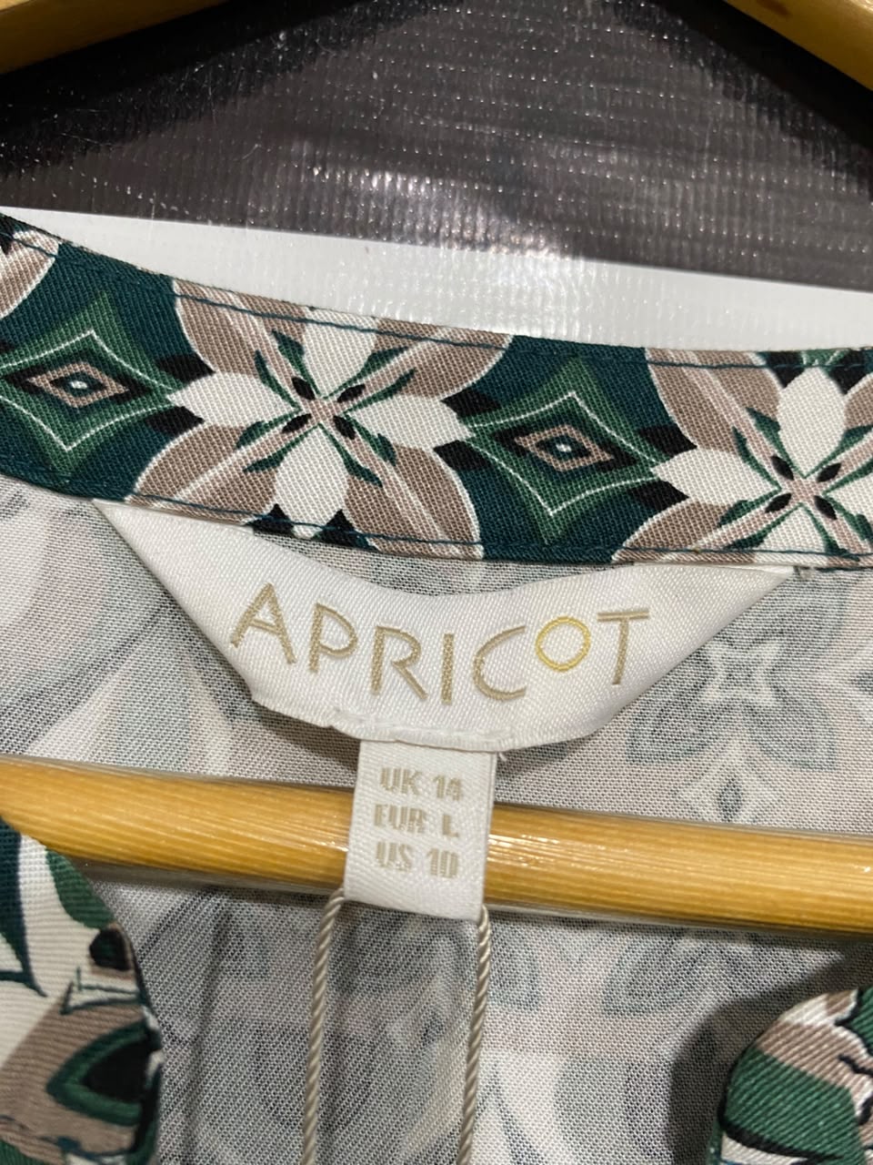 APRICOT |L| BUST 20| A23| GREEN AND BROWN GEOMETRIC PATTERNED TIE-WAIST SHIRT DRESS