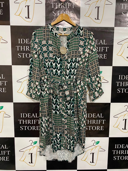 APRICOT |L| BUST 20| A23| GREEN AND BROWN GEOMETRIC PATTERNED TIE-WAIST SHIRT DRESS