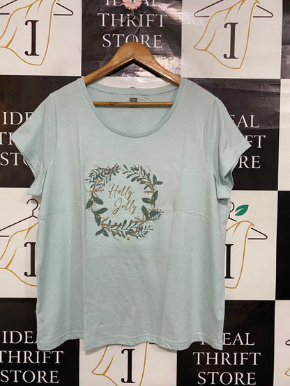 F&F |L| BUST 22| A23| MINT GREEN "HOLLY JOLLY" WREATH GRAPHIC T-SHIRT | CASUAL HOLIDAY SHORT-SLEEVE TOP