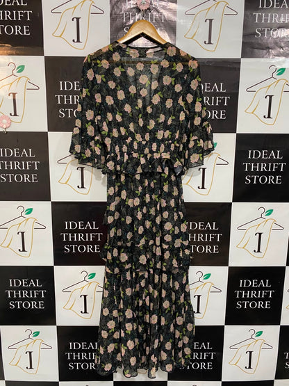 F&F |M| BUST 17| A23| BLACK AND PINK FLORAL V-NECK RUFFLE TIERED MIDI DRESS