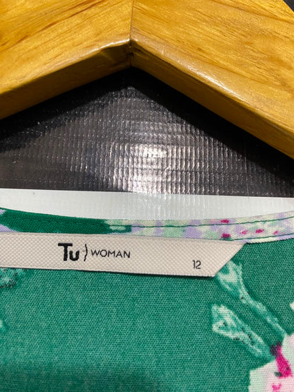 TU WOMAN |M| BUST 18| A23| GREEN AND PINK FLORAL V-NECK TIE-WAIST SHORT-SLEEVE MIDI DRESS | ELEGANT CASUAL DRESS