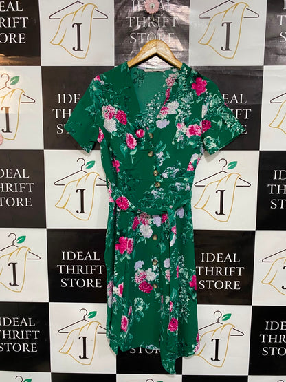 TU WOMAN |M| BUST 18| A23| GREEN AND PINK FLORAL V-NECK TIE-WAIST SHORT-SLEEVE MIDI DRESS | ELEGANT CASUAL DRESS