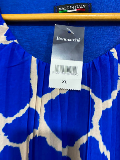 BONMARCHE |XL| BUST 21| A23| ROYAL BLUE AND CREAM GIRAFFE ANIMAL PRINT PLEATED BLOUSE | LONG-SLEEVE CASUAL TOP
