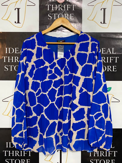 BONMARCHE |XL| BUST 21| A23| ROYAL BLUE AND CREAM GIRAFFE ANIMAL PRINT PLEATED BLOUSE | LONG-SLEEVE CASUAL TOP