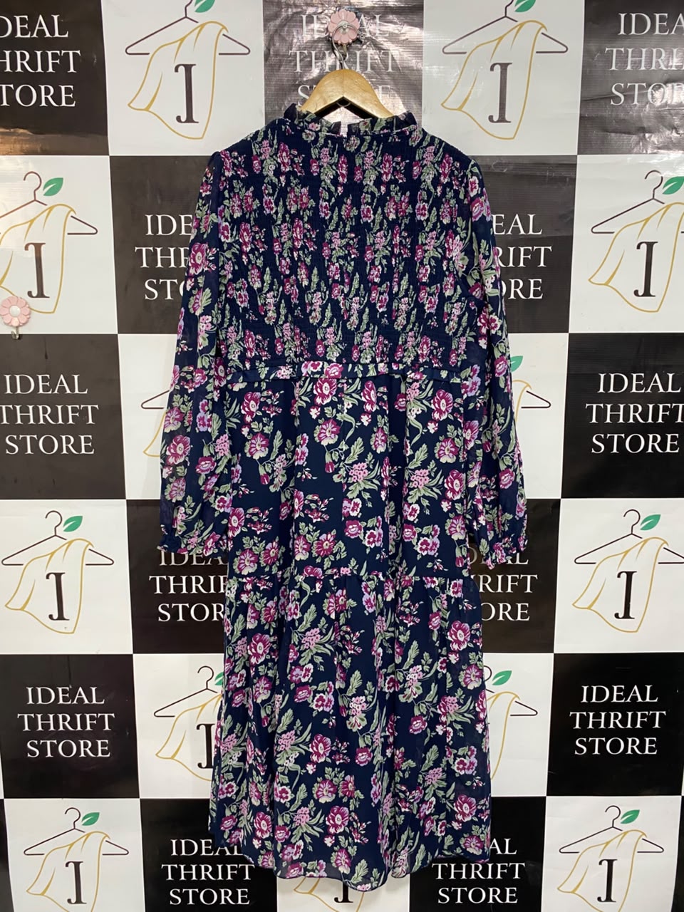 DOROTHY PERKINS |L| BUST 19| A23| NAVY BLUE AND MAGENTA FLORAL SMOCKED HIGH-NECK MIDI DRESS