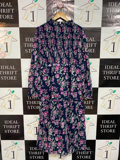 DOROTHY PERKINS |L| BUST 19| A23| NAVY BLUE AND MAGENTA FLORAL SMOCKED HIGH-NECK MIDI DRESS