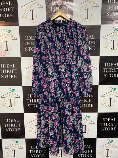 DOROTHY PERKINS |L| BUST 19| A23| NAVY BLUE AND MAGENTA FLORAL SMOCKED HIGH-NECK MIDI DRESS