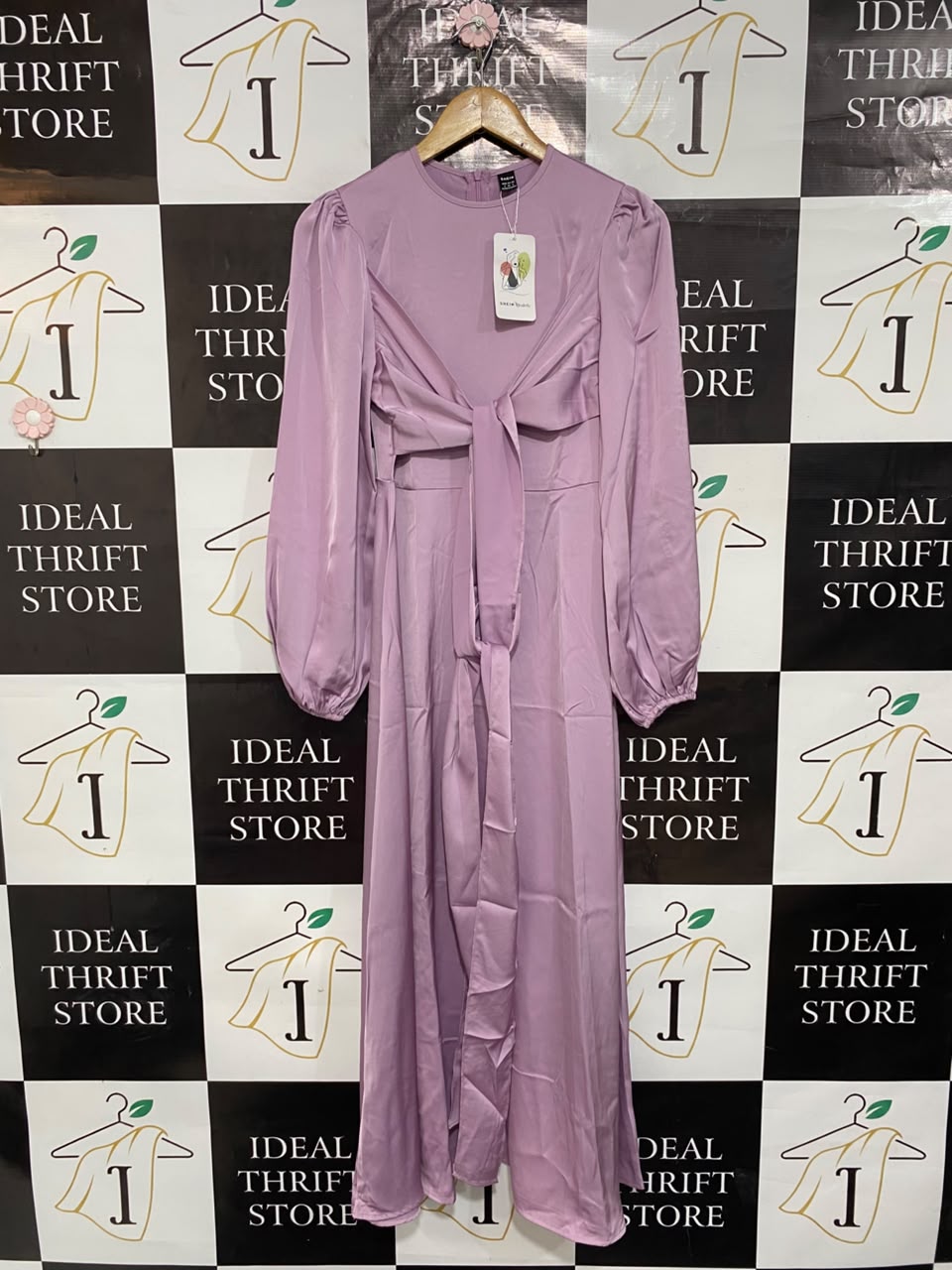 SHEIN |S| BUST 15| A23| MAUVE PINK SATIN KNOT-FRONT LONG-SLEEVE MIDI DRESS