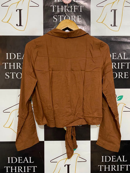PRIMARK |S| BUST 19| A23| RUST BROWN BUTTON-UP TIE-FRONT LONG-SLEEVE CROP SHIRT