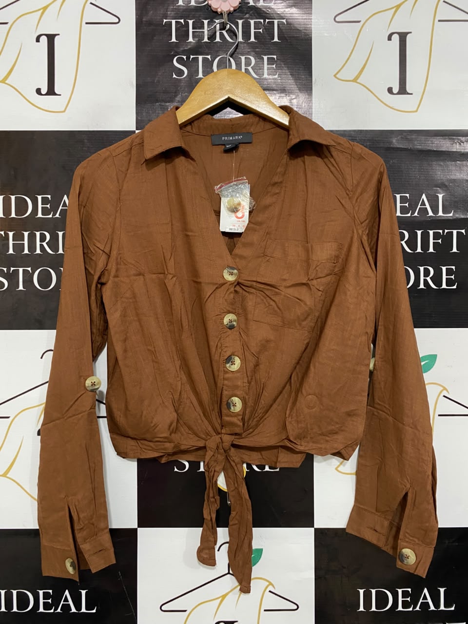 PRIMARK |S| BUST 19| A23| RUST BROWN BUTTON-UP TIE-FRONT LONG-SLEEVE CROP SHIRT
