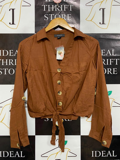 PRIMARK |S| BUST 19| A23| RUST BROWN BUTTON-UP TIE-FRONT LONG-SLEEVE CROP SHIRT