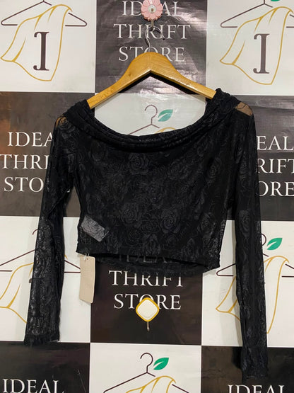 MUSERA |S| BUST 17| A23| BLACK OFF-SHOULDER ROSE JACQUARD LONG-SLEEVE CROP TOP