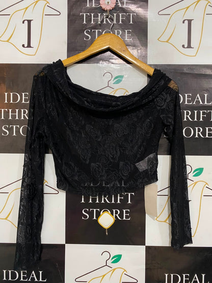 MUSERA |S| BUST 17| A23| BLACK OFF-SHOULDER ROSE JACQUARD LONG-SLEEVE CROP TOP
