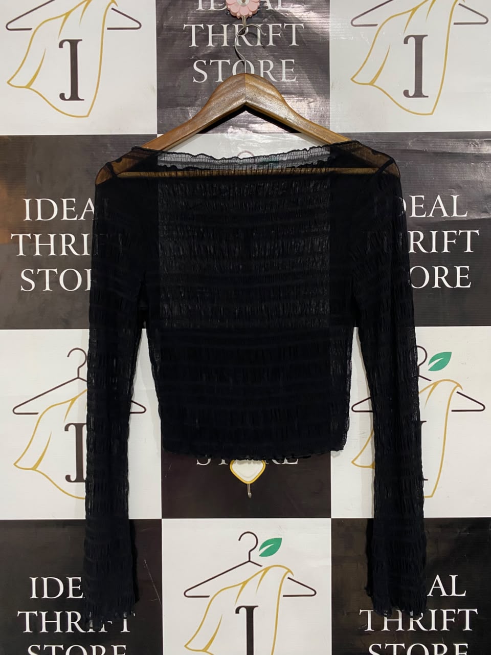 |S| BUST 14| A23| BLACK SHEER MESH SMOCKED LONG-SLEEVE CROP TOP | LETTUCE-EDGE PARTY TOP