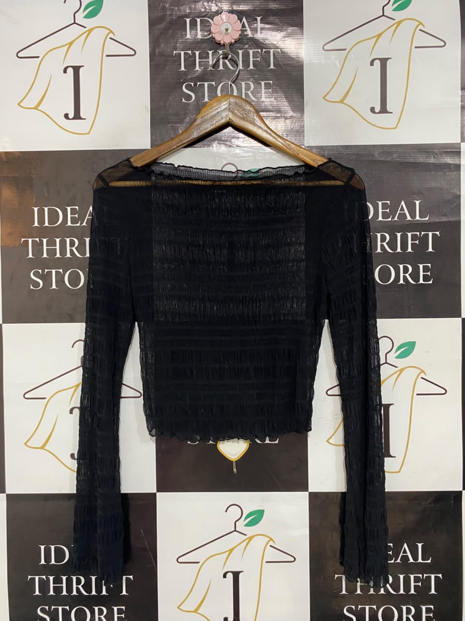 |S| BUST 14| A23| BLACK SHEER MESH SMOCKED LONG-SLEEVE CROP TOP | LETTUCE-EDGE PARTY TOP