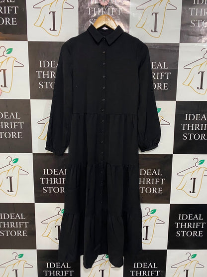 NEW LOOK |S| BUST 16| A23| CLASSIC BLACK COLLARED TIERED SHIRT DRESS | LONG-SLEEVE MIDI DRESS