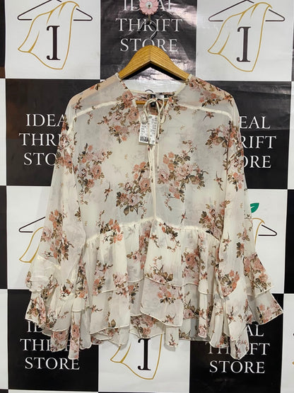 H&M |M| BUST 21| A23| CREAM AND PINK FLORAL TIE-NECK TIERED RUFFLE LONG-SLEEVE BLOUSE | BOHO PEPLUM TOP