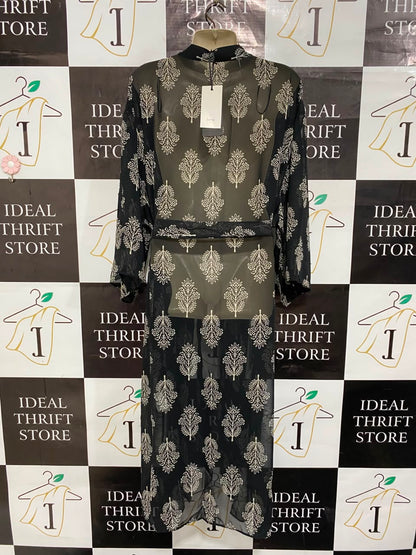 FAME |M/L| BUST 22| A23| BLACK AND BEIGE BLOCK-PRINTED CHIFFON KIMONO ROBE | OPEN-FRONT TIE-WAIST OVERLAY