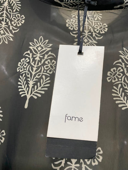 FAME |M/L| BUST 22| A23| BLACK AND BEIGE BLOCK-PRINTED CHIFFON KIMONO ROBE | OPEN-FRONT TIE-WAIST OVERLAY