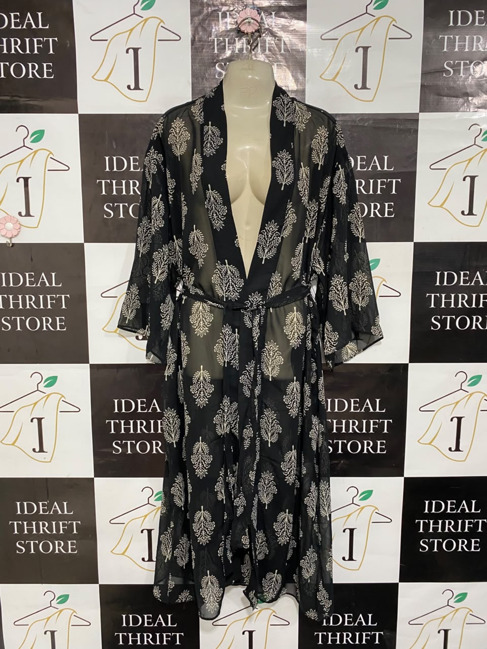 FAME |M/L| BUST 22| A23| BLACK AND BEIGE BLOCK-PRINTED CHIFFON KIMONO ROBE | OPEN-FRONT TIE-WAIST OVERLAY