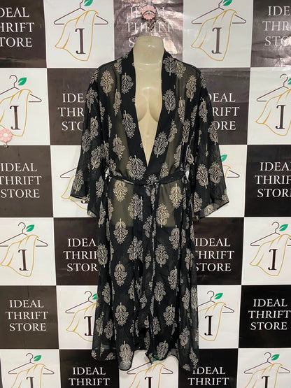 FAME |M/L| BUST 22| A23| BLACK AND BEIGE BLOCK-PRINTED CHIFFON KIMONO ROBE | OPEN-FRONT TIE-WAIST OVERLAY