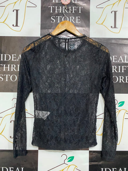 MORGAN |S| BUST 15| A22| BLACK SHEER LACE LONG-SLEEVE TOP | ELEGANT CREW NECK PARTY BLOUSE
