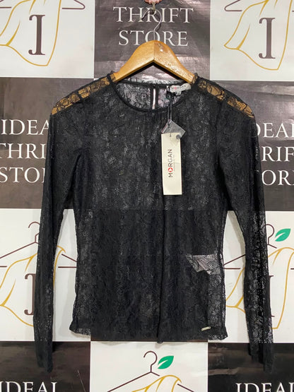 MORGAN |S| BUST 15| A22| BLACK SHEER LACE LONG-SLEEVE TOP | ELEGANT CREW NECK PARTY BLOUSE