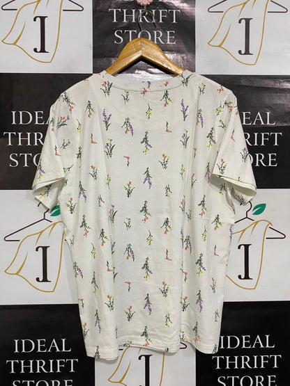 M&S |L| BUST 21| A22| WHITE MULTI-COLOR WILDFLOWER PRINT CREW NECK T-SHIRT | CASUAL SHORT-SLEEVE TOP