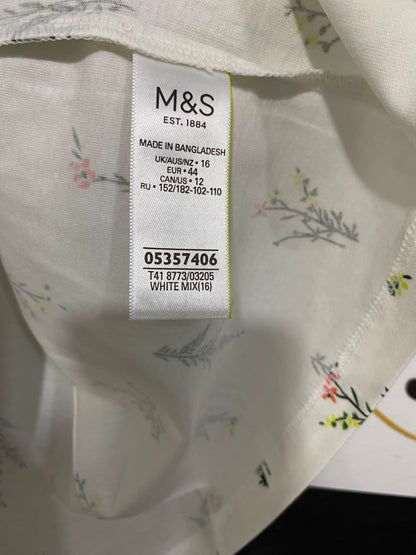 M&S |L| BUST 21| A22| WHITE MULTI-COLOR WILDFLOWER PRINT CREW NECK T-SHIRT | CASUAL SHORT-SLEEVE TOP