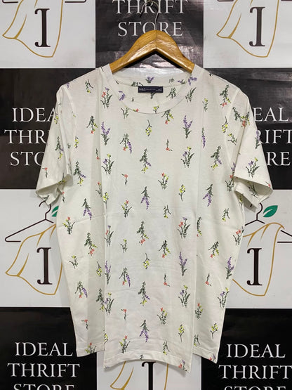 M&S |L| BUST 21| A22| WHITE MULTI-COLOR WILDFLOWER PRINT CREW NECK T-SHIRT | CASUAL SHORT-SLEEVE TOP