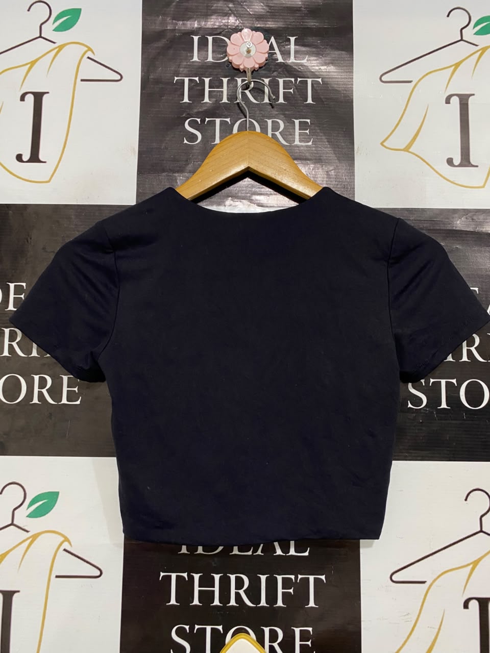 GLASSONS |S| BUST 13| A22| BLACK CREW NECK SHORT-SLEEVE CROP TOP | BASIC CASUAL TEE