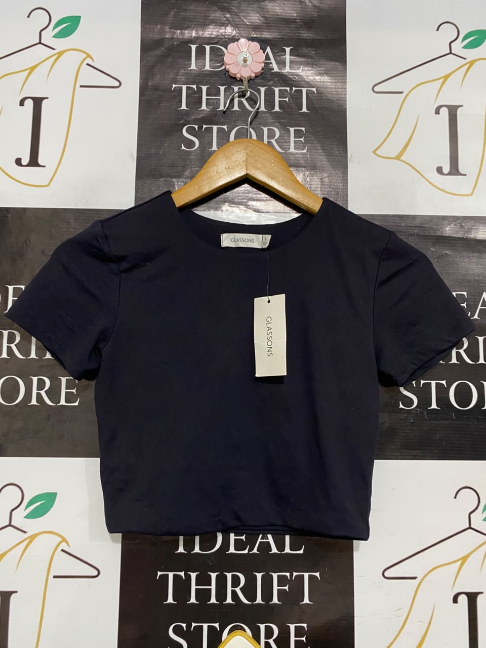 GLASSONS |S| BUST 13| A22| BLACK CREW NECK SHORT-SLEEVE CROP TOP | BASIC CASUAL TEE