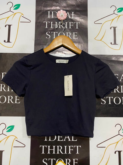 GLASSONS |S| BUST 13| A22| BLACK CREW NECK SHORT-SLEEVE CROP TOP | BASIC CASUAL TEE