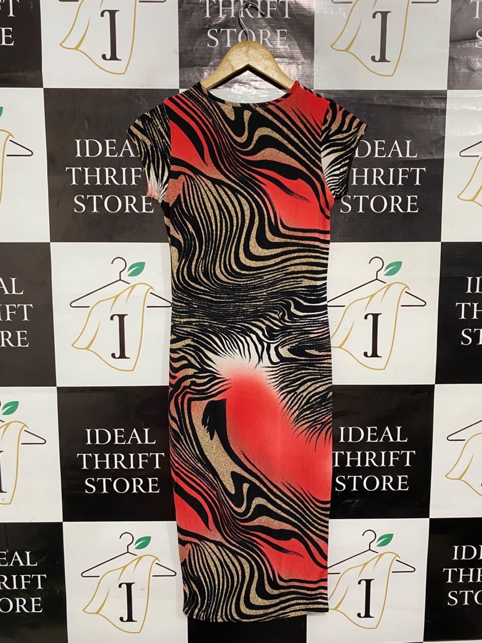 BU ZZ |S| BUST 14| A22| RED AND BLACK ABSTRACT ANIMAL PRINT CAP-SLEEVE MIDI DRESS | BOLD PARTY BODYCON DRESS