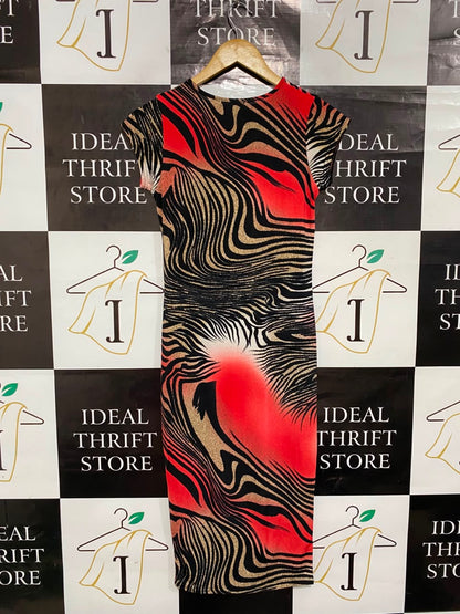 BU ZZ |S| BUST 14| A22| RED AND BLACK ABSTRACT ANIMAL PRINT CAP-SLEEVE MIDI DRESS | BOLD PARTY BODYCON DRESS