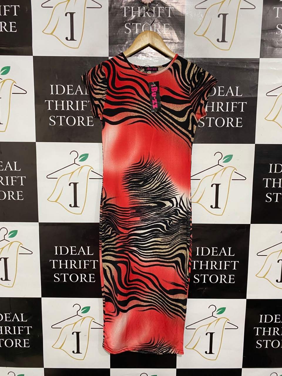 BU ZZ |S| BUST 14| A22| RED AND BLACK ABSTRACT ANIMAL PRINT CAP-SLEEVE MIDI DRESS | BOLD PARTY BODYCON DRESS