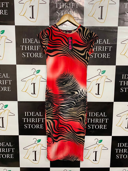 BU ZZ |S| BUST 14| A22| RED AND BLACK ABSTRACT ANIMAL PRINT CAP-SLEEVE MIDI DRESS | BOLD PARTY BODYCON DRESS