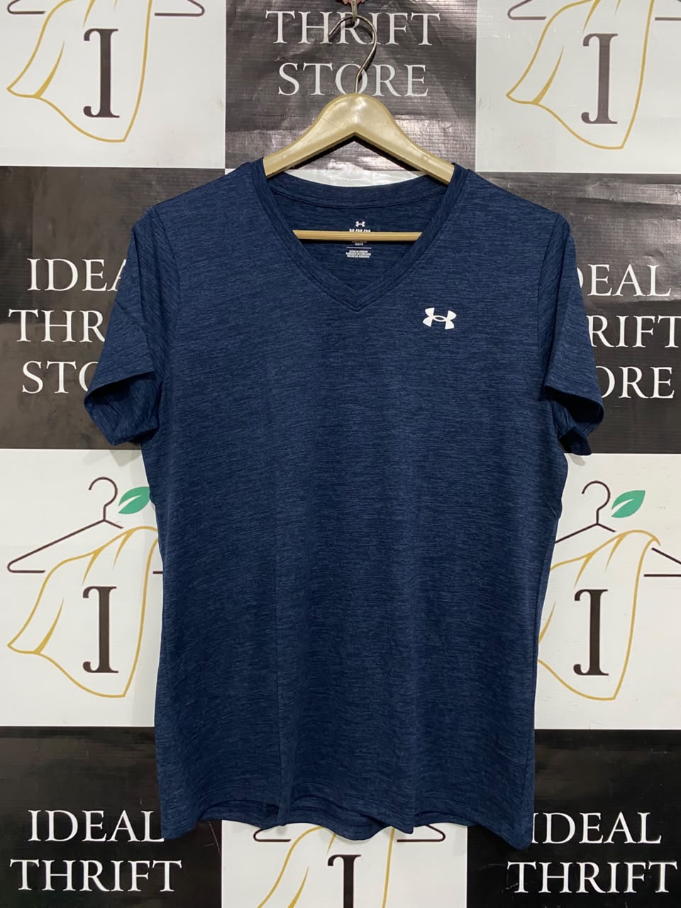 UNDER ARMOUR |M| BUST 19| A22| NAVY BLUE MELANGE V-NECK ACTIVE T-SHIRT | SPORTY SHORT-SLEEVE TOP
