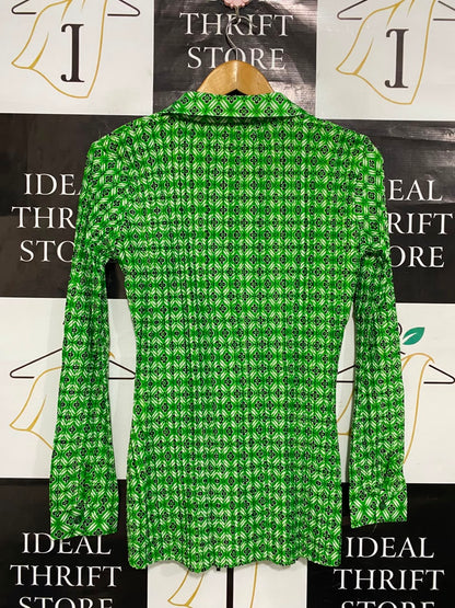 MISSGUIDED |S| BUST 17| A22| GREEN GEOMETRIC PRINT RUFFLED LONG-SLEEVE SHIRT | BUTTON-DOWN PEPLUM TOP