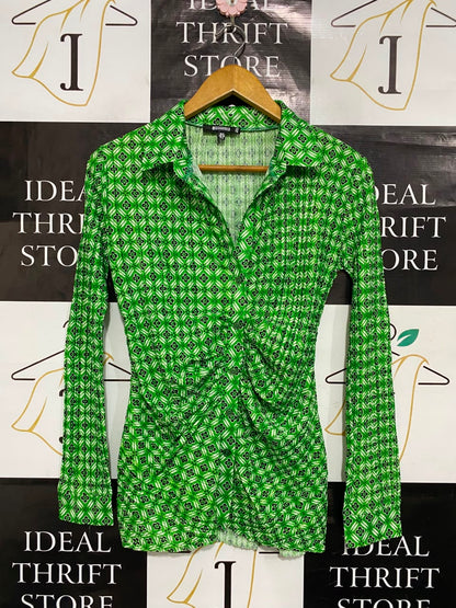 MISSGUIDED |S| BUST 17| A22| GREEN GEOMETRIC PRINT RUFFLED LONG-SLEEVE SHIRT | BUTTON-DOWN PEPLUM TOP