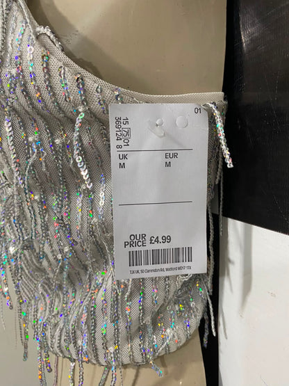 BERSHKA |M| BUST 16| A22| SILVER HOLOGRAPHIC SEQUIN FRINGE CROP TOP | GLAMOROUS PARTY CAMI