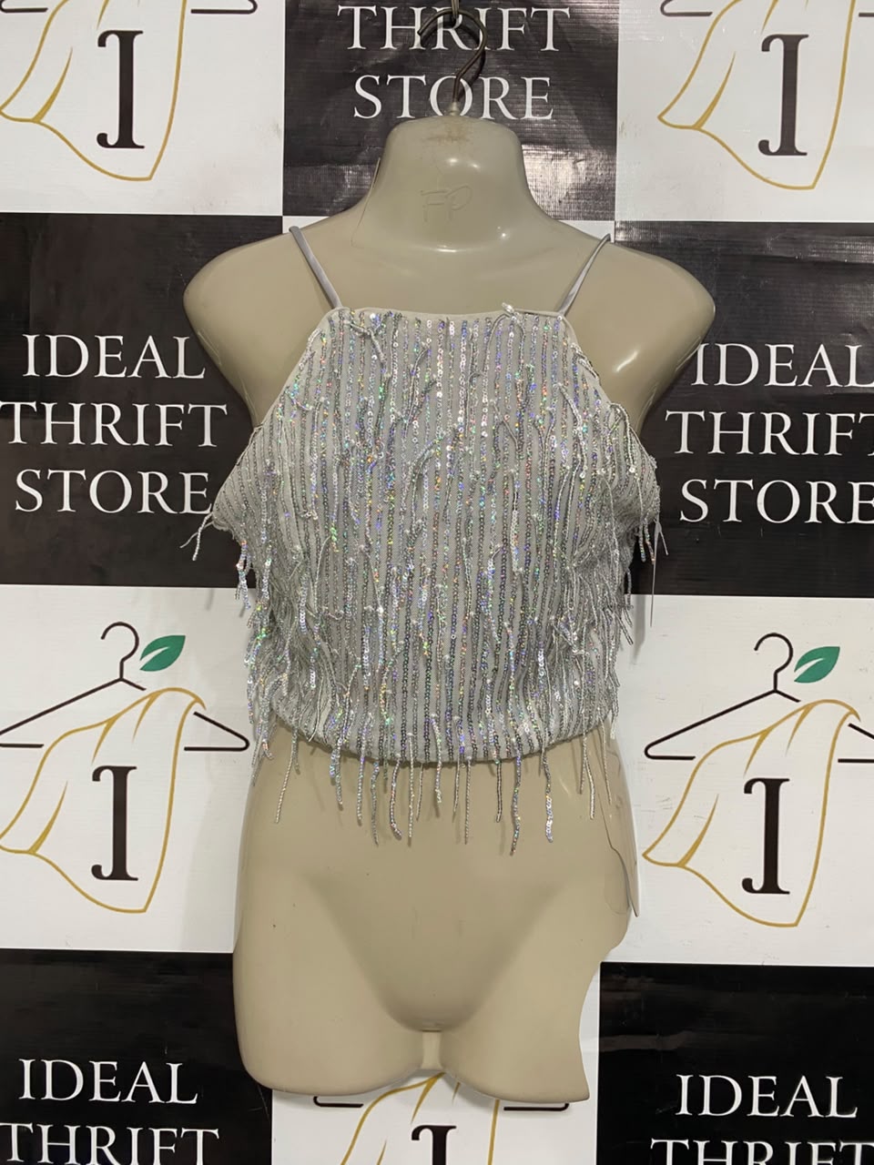 BERSHKA |M| BUST 16| A22| SILVER HOLOGRAPHIC SEQUIN FRINGE CROP TOP | GLAMOROUS PARTY CAMI